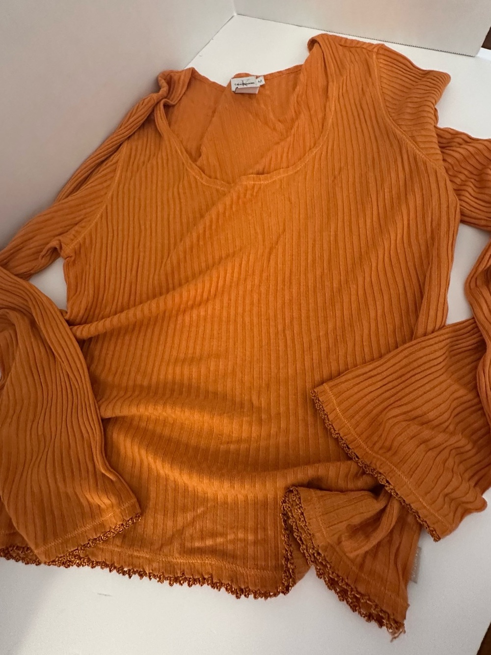 Vintage Calvin Klein Jeans Ribbed V-Neck Long Sleeve Top in Burnt Orange